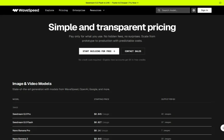 WaveSpeedAI official pricing page screenshot with plan names