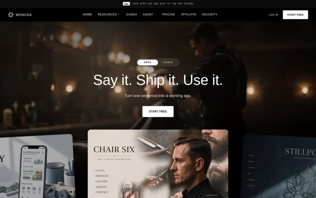 Whacka homepage screenshot showing the official landing page