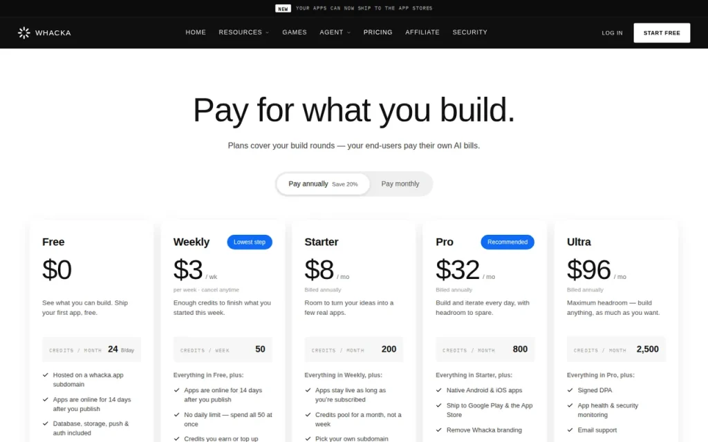 Whacka official pricing page screenshot with plan names