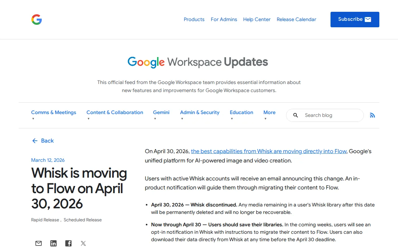 Google Workspace Updates post titled Whisk is moving to Flow on April 30, 2026, with the line Whisk discontinued
