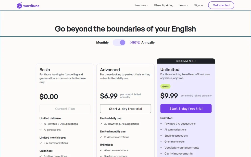 Wordtune official pricing page screenshot with plan names