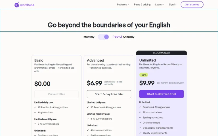 Wordtune official pricing page screenshot with plan names
