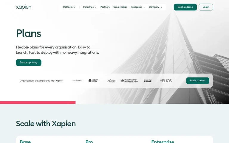 Xapien official pricing page screenshot with plan names